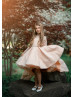 Apricot Pink Beaded Satin Tulle High Low Flower Girl Dress